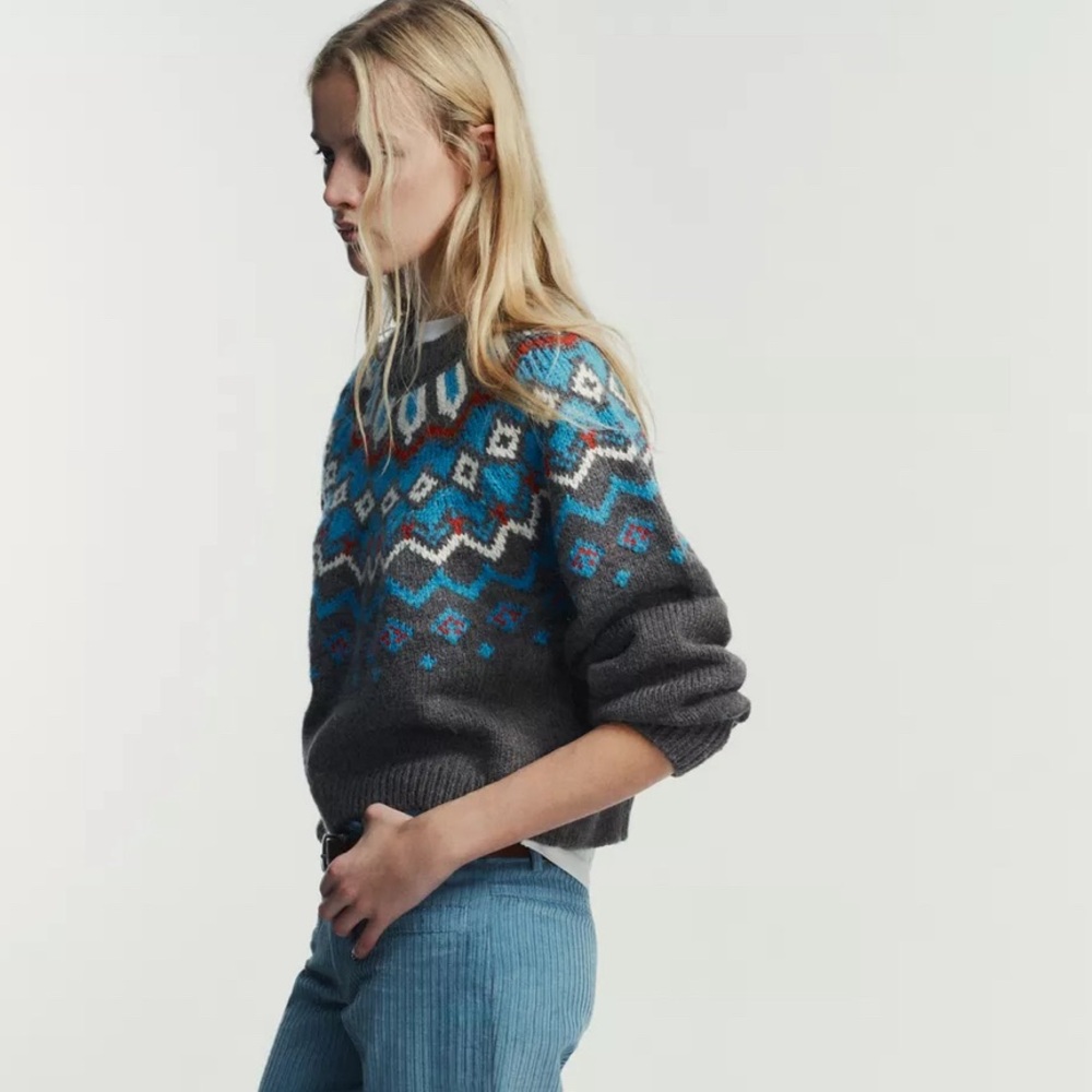 NWT Zara Multicolor Patterned Crew Neck Sweater Jacquard Knit Jumper XL gray - Picture 3 of 5